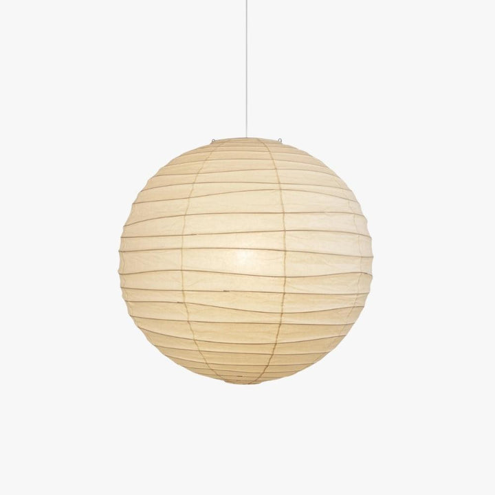 Round paper lantern pendant light with white cord, lit on a plain white background.