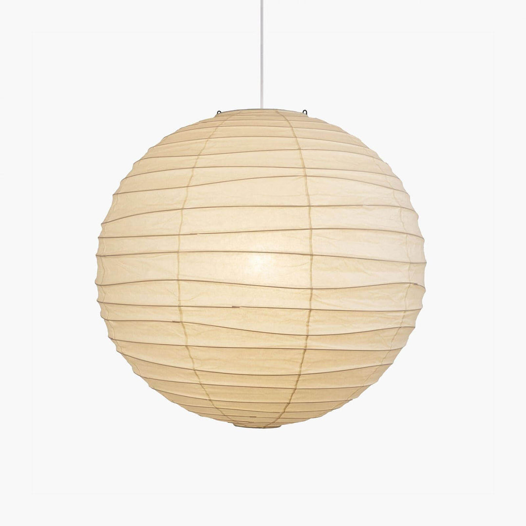Close-up white-cord paper lantern pendant light lit on a plain white background.