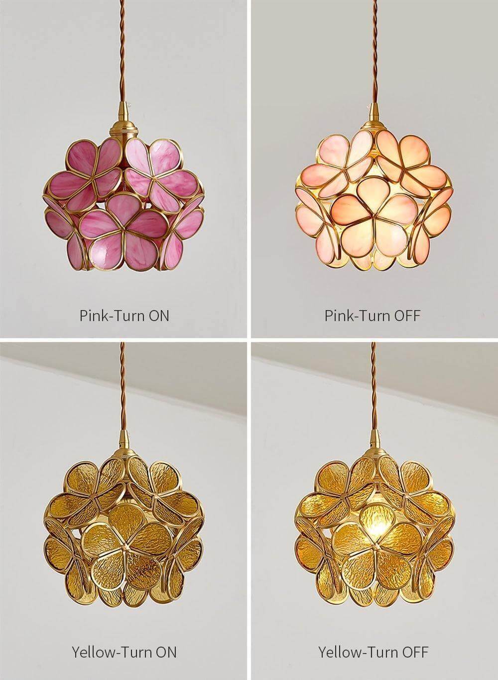 Pink and yellow stained glass petal pendant lights shown illuminated and unlit
