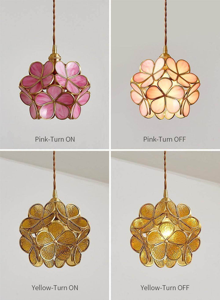 Pink and yellow stained glass petal pendant lights shown illuminated and unlit