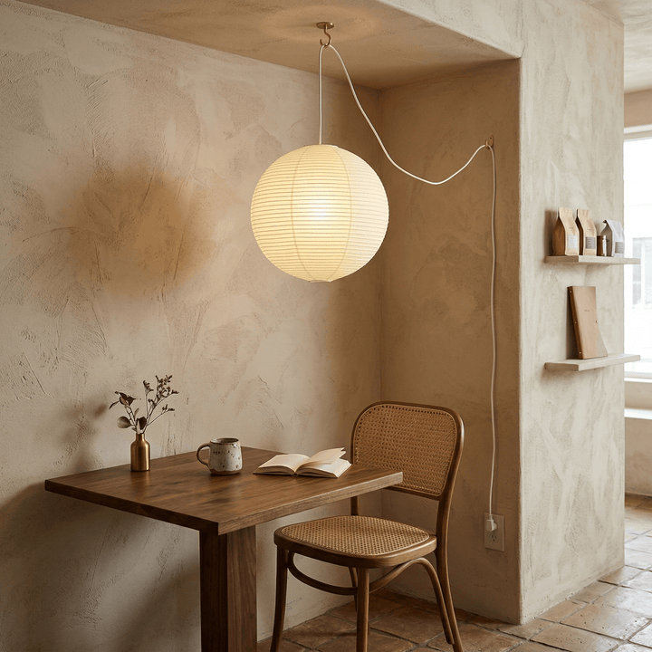 Washi paper globe pendant light with plug-in cord in a cozy café corner