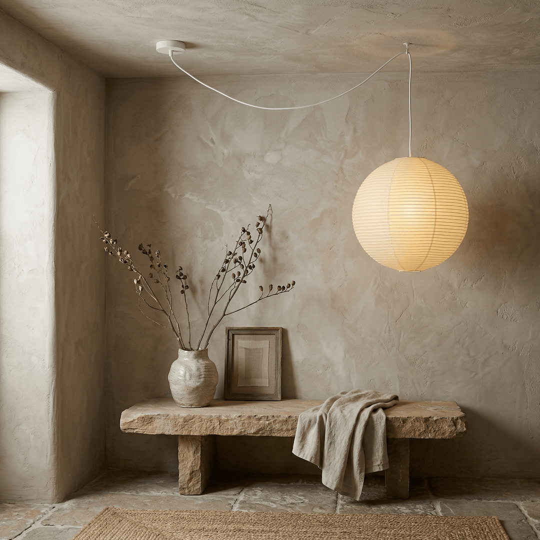 Plug-in washi paper globe pendant light against a textured Wabi-Sabi wall