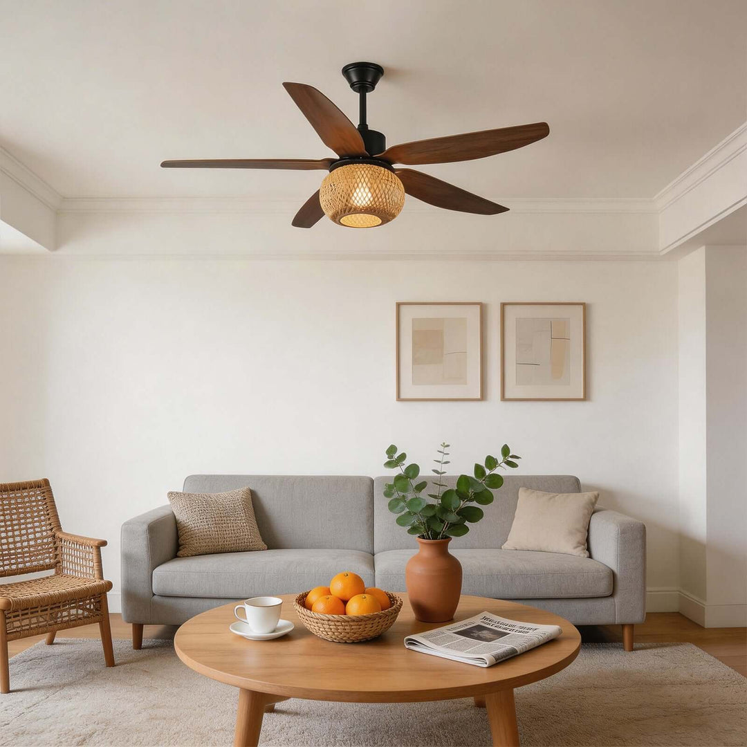 Qolux Ceiling Fan Light | Wabi Sabi Rattan Living Room Light