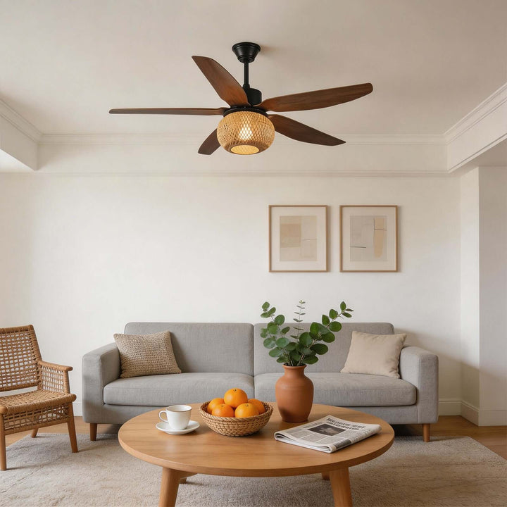 Qolux Ceiling Fan Light | Wabi Sabi Rattan Living Room Light