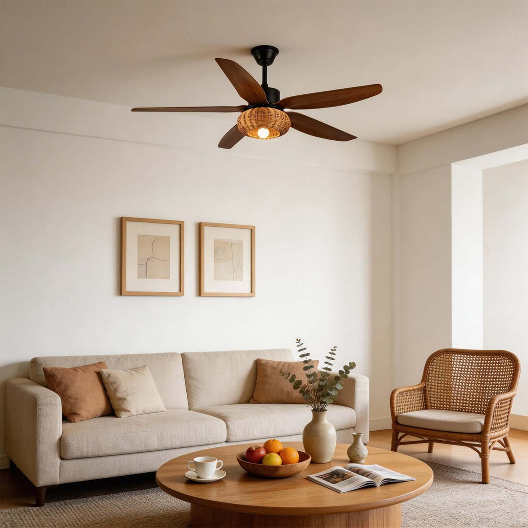 Qolux Ceiling Fan Light | Wabi Sabi Rattan Living Room Light