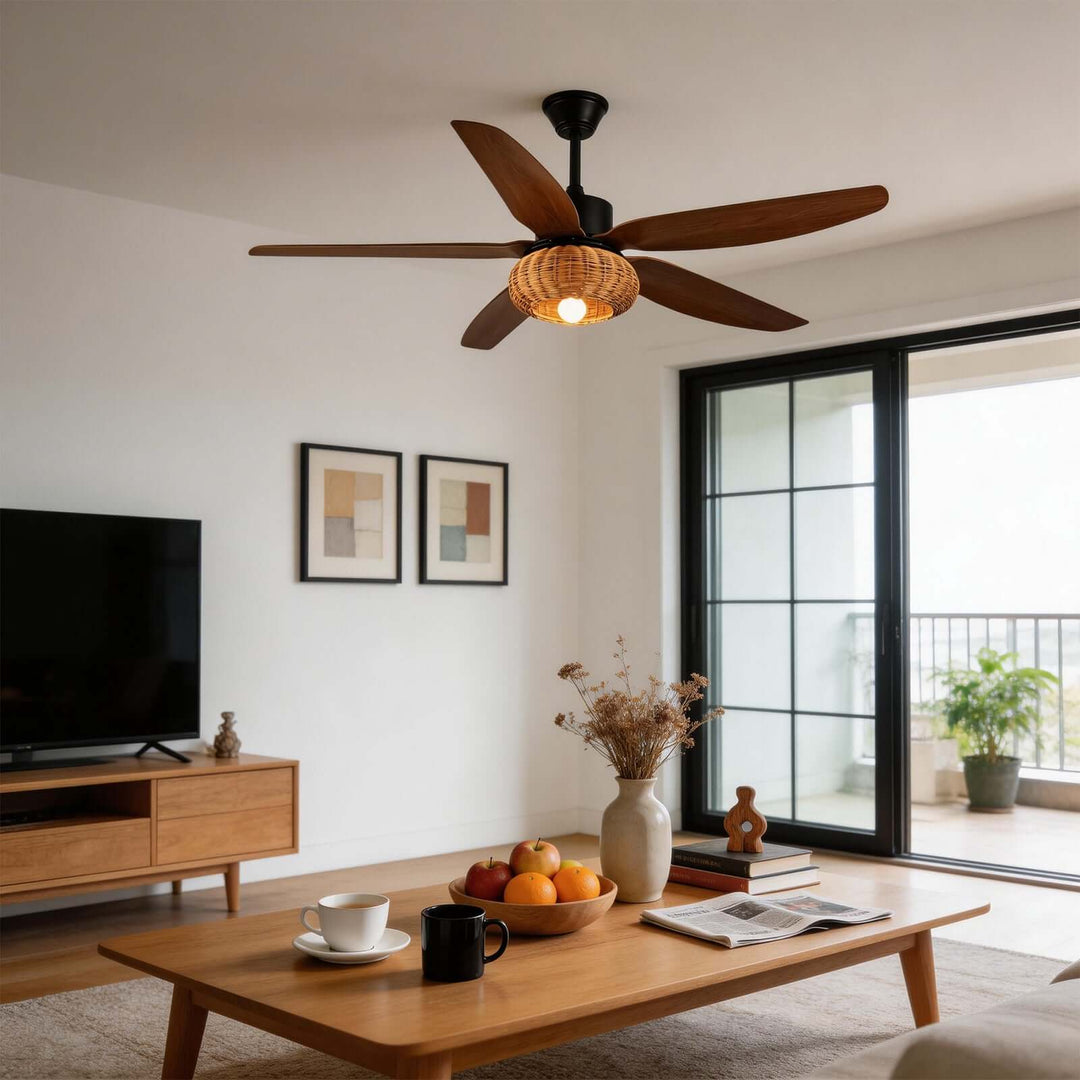 Qolux Ceiling Fan Light | Wabi Sabi Rattan Living Room Light