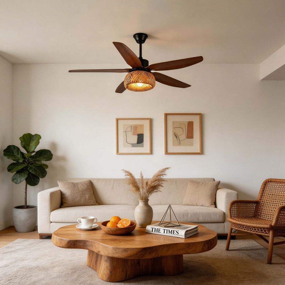 Qolux Ceiling Fan Light | Wabi Sabi Rattan Living Room Light