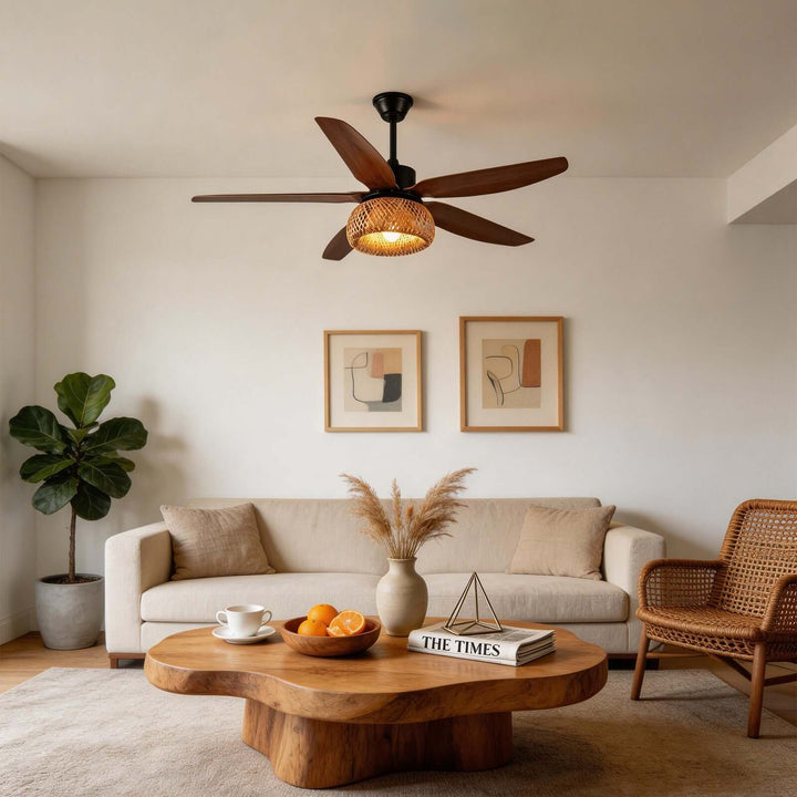Qolux Ceiling Fan Light | Wabi Sabi Rattan Living Room Light