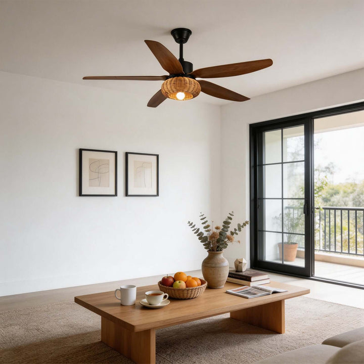 Qolux Ceiling Fan Light | Wabi Sabi Rattan Living Room Light