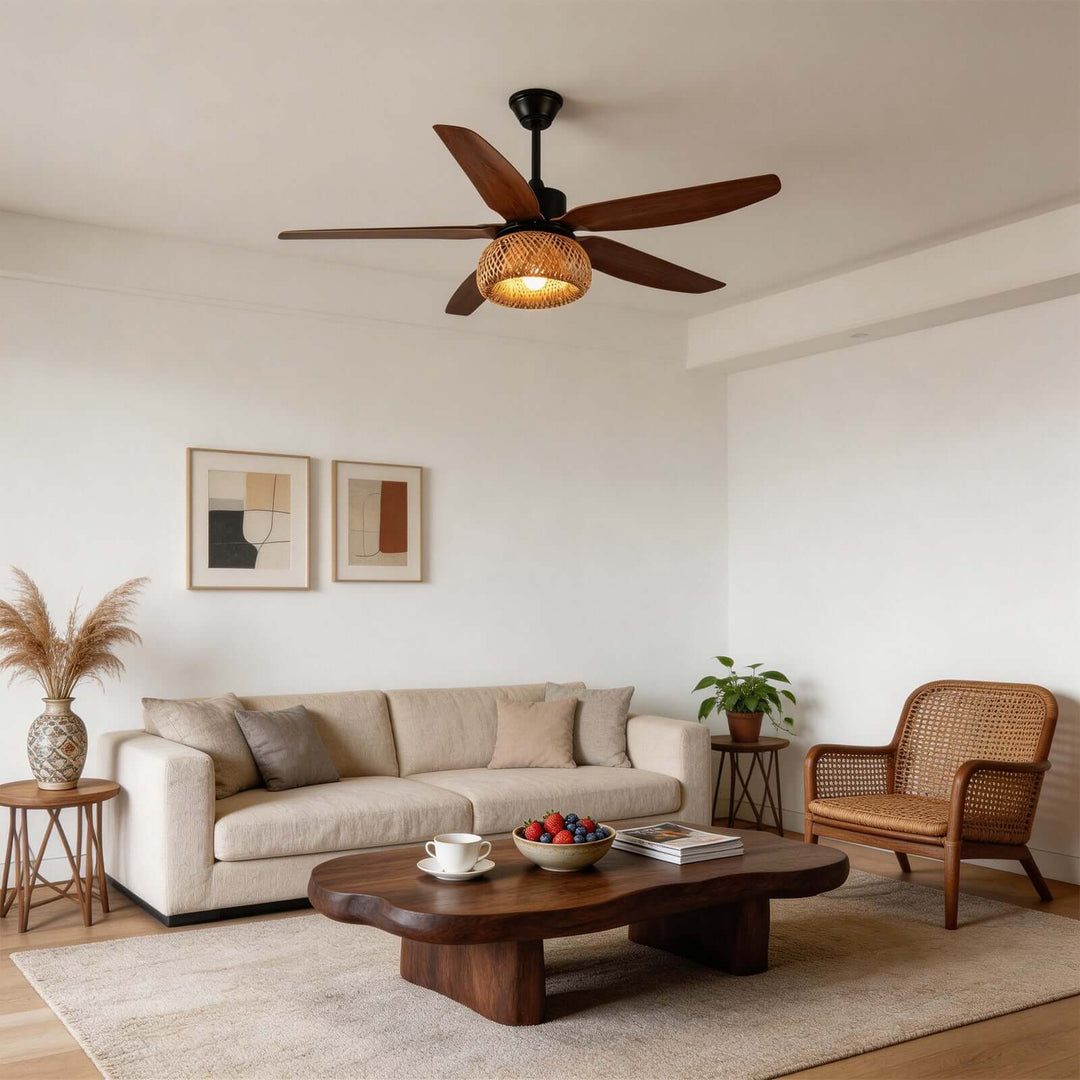 Qolux Ceiling Fan Light | Wabi Sabi Rattan Living Room Light