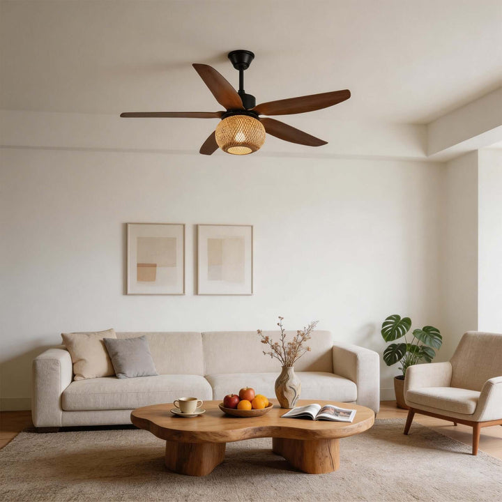 Qolux Ceiling Fan Light | Wabi Sabi Rattan Living Room Light