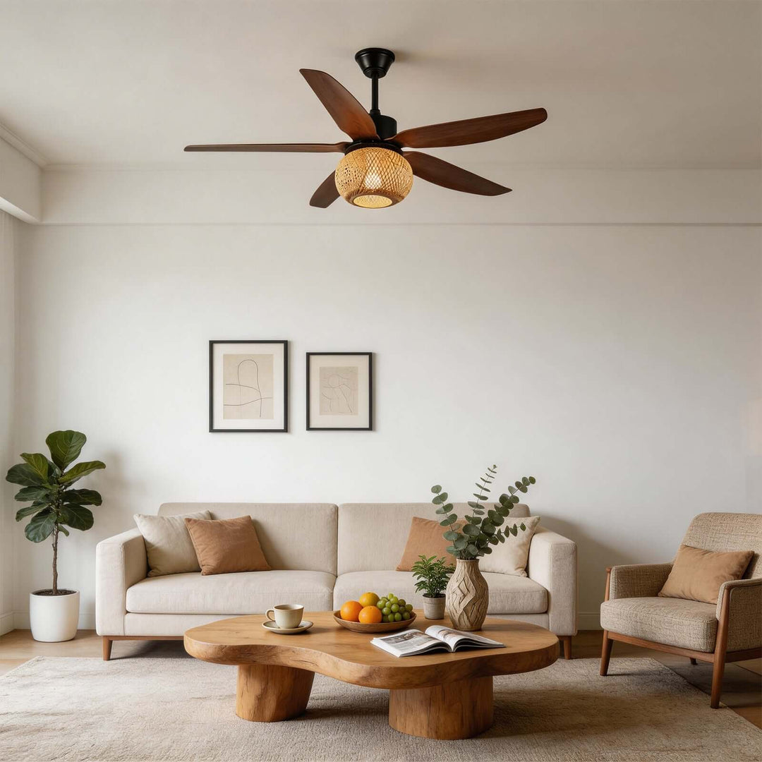 Qolux Ceiling Fan Light | Wabi Sabi Rattan Living Room Light