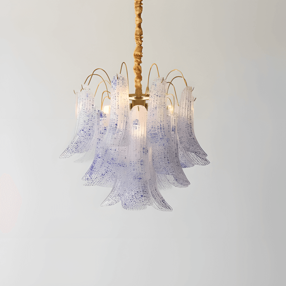 Front view of a red Murano glass chandelier with clear speckled glass panels