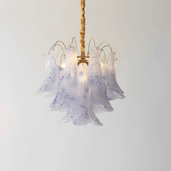 Front view of a red Murano glass chandelier with clear speckled glass panels