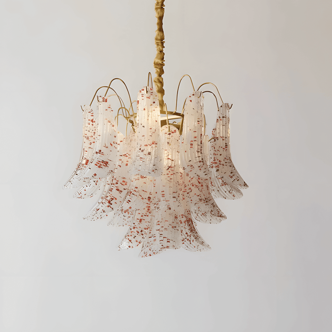 Illuminated red Murano glass chandelier with tiered curved panels and a brass frame
