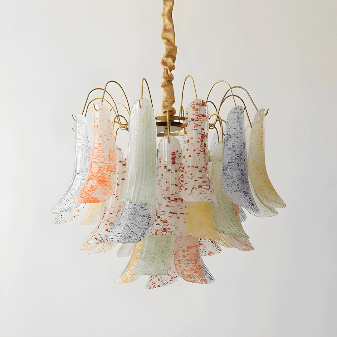Red Murano glass chandelier with speckled flared glass panels shown unlit