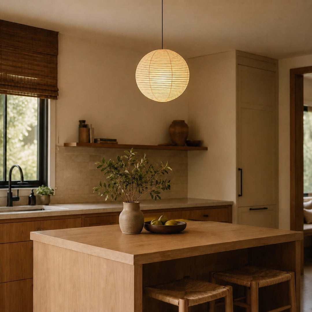 Round rice paper pendant light above a wood kitchen island