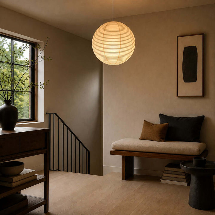 Warm rice paper pendant light above a quiet stair landing and reading bench