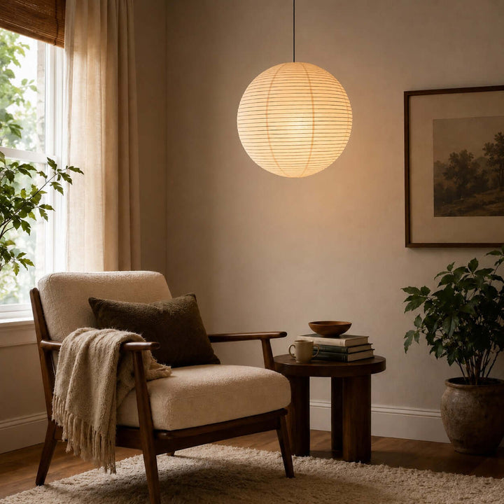 Rice paper pendant light beside an upholstered chair in a cozy reading nook