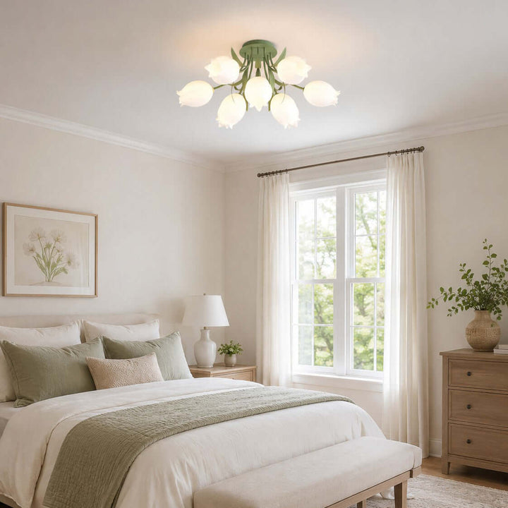 Ricko green bedroom ceiling light fixture above a neutral bed with sage accents and a sunlit window.