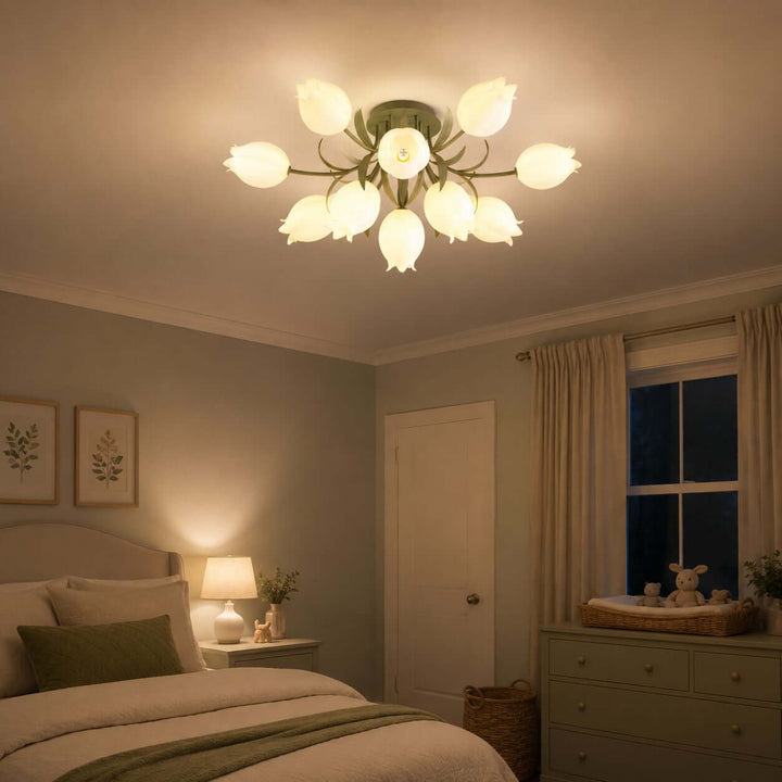 Ricko green flower ceiling light casting a warm glow across a cozy bedroom at night.