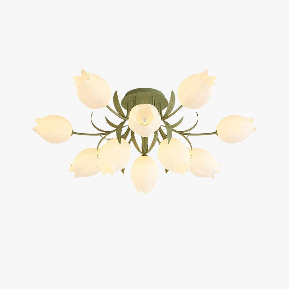 Ricko green floral ceiling light with glowing cream lily-shaped shades against a clean white background.