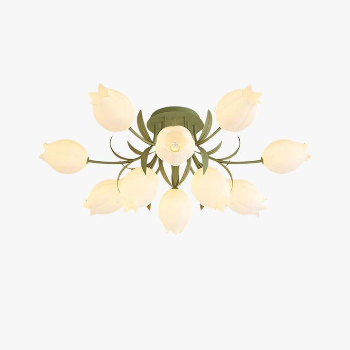 Ricko green floral ceiling light with glowing cream lily-shaped shades against a clean white background.