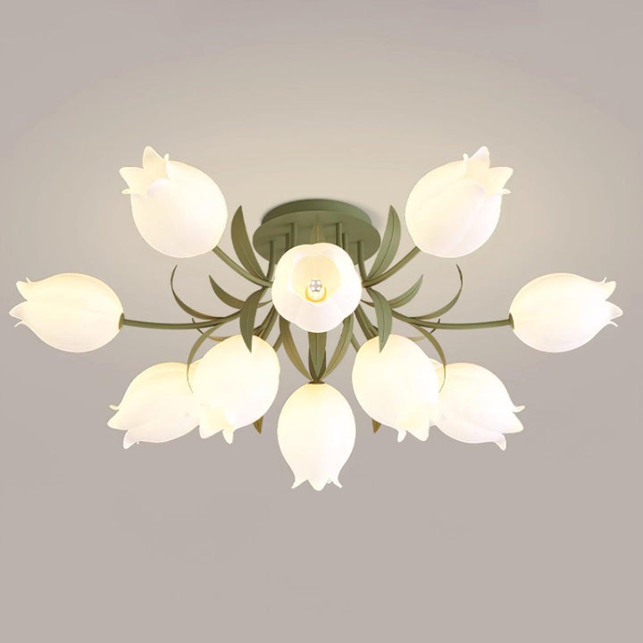 Large Ricko green flower ceiling light with radiating branches and cream shades viewed from below.