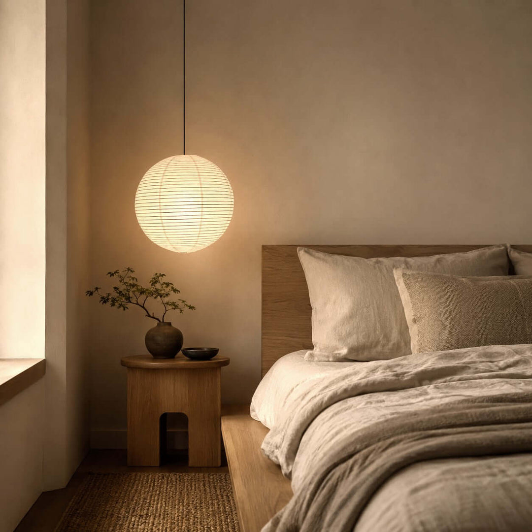 Small round rice paper pendant light hanging beside a wooden bed