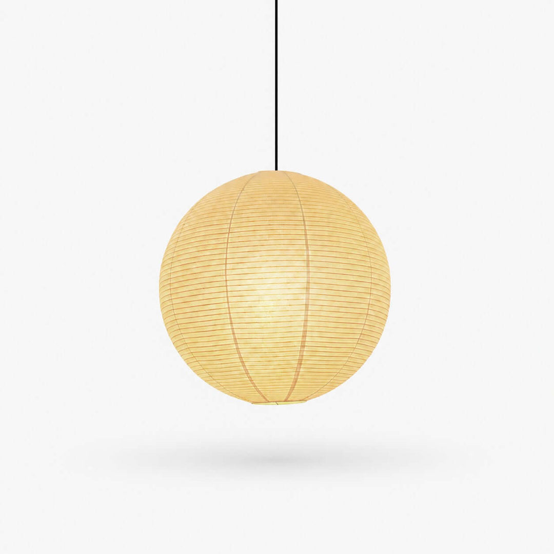 Round A rice paper pendant light with a warm glow and black suspension wire