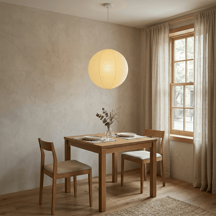 Washi paper globe pendant light above a small wooden dining table