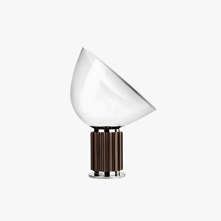 Taccia Table Lamp with an angled clear glass bowl, white diffuser and fluted coffee-brown aluminum base