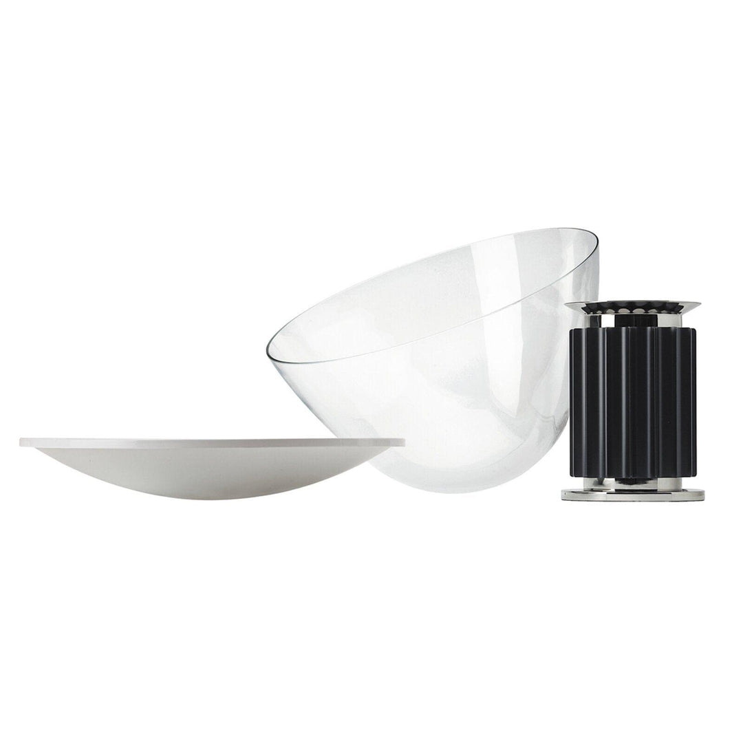 Disassembled Taccia table lamp components showing the clear glass shade, white diffuser and black base