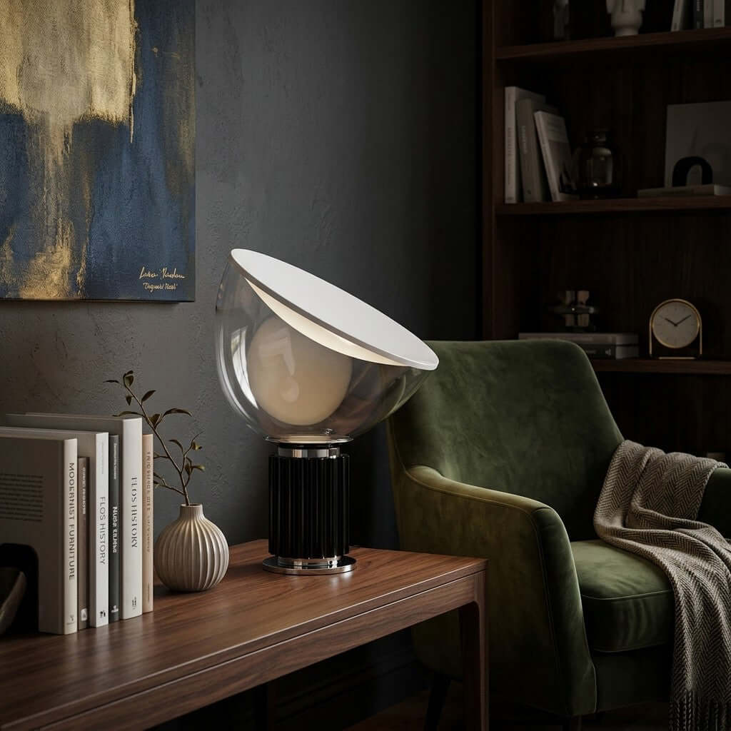 Black Taccia table lamp on a wood console in a dark home library with a green velvet chair