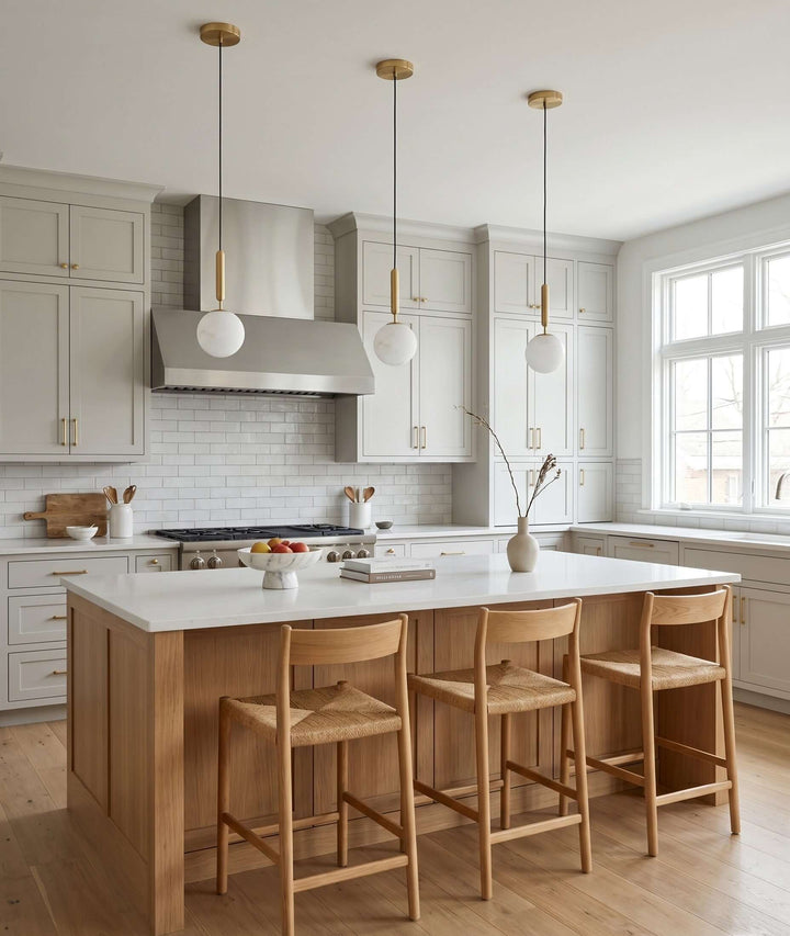 Three small alabaster pendant lights hanging over a bright wood and white kitchen island