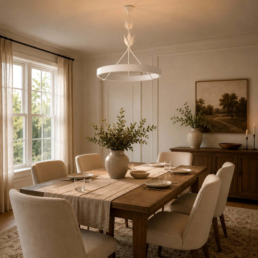 Tinsley dining area chandelier above a set wood table in a warmly lit traditional interior.