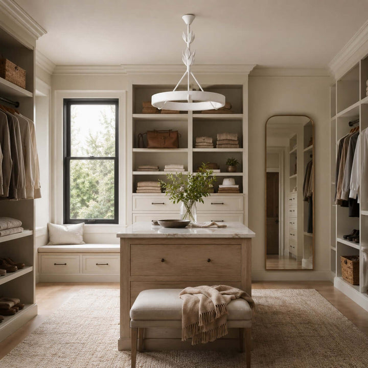 Tinsley plaster chandelier above the center island in a bright neutral walk-in closet.