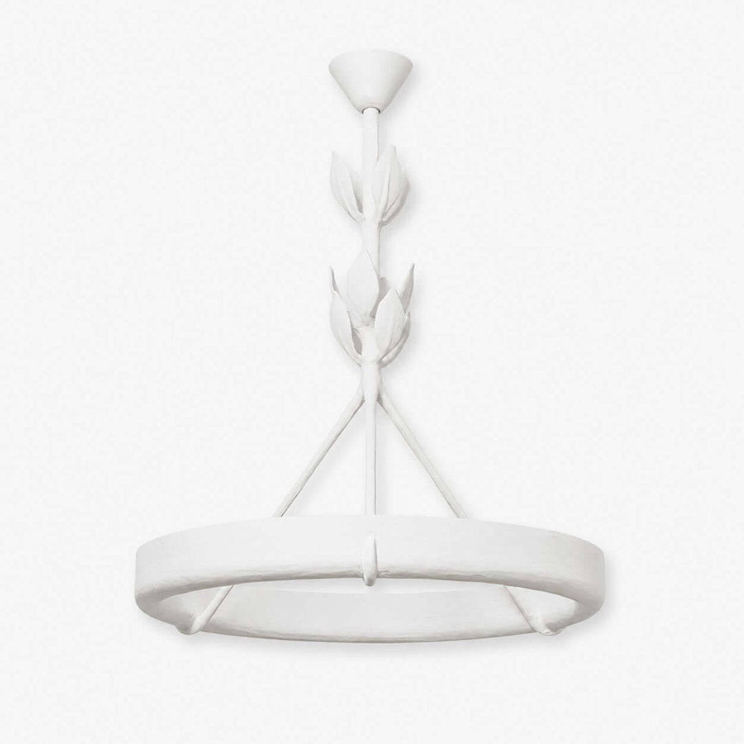 White Tinsley plaster chandelier with a circular LED ring, curved supports, and sculpted leaf details.