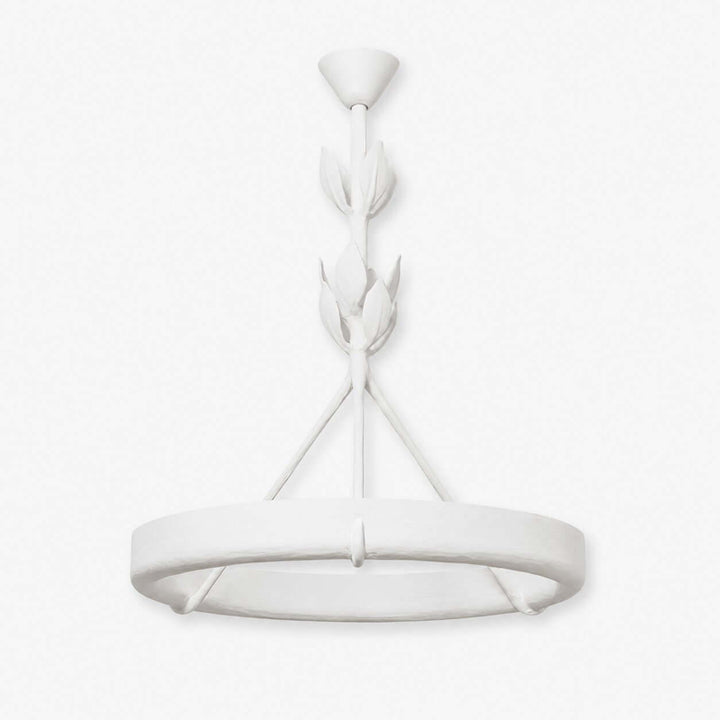 White Tinsley plaster chandelier with a circular LED ring, curved supports, and sculpted leaf details.
