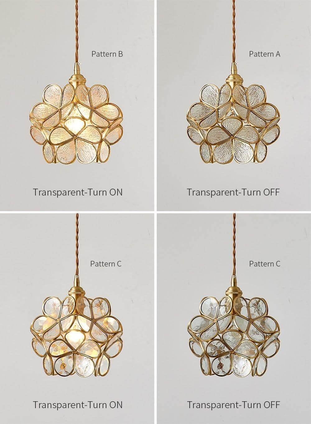 Transparent glass petal pendant light patterns shown illuminated and unlit