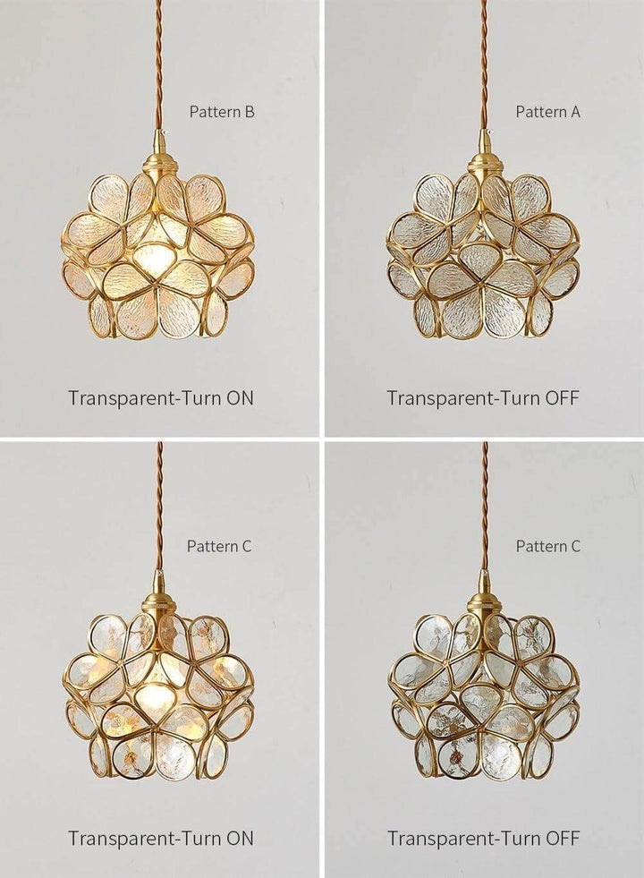 Transparent glass petal pendant light patterns shown illuminated and unlit