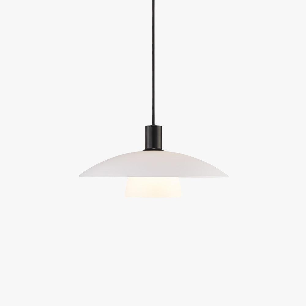 Verona pendant lamp with a white iron disc shade, black stem, and glowing opal glass diffuser