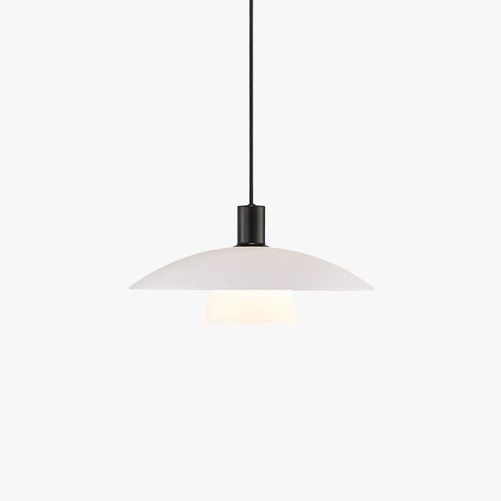 Verona pendant lamp with a white iron disc shade, black stem, and glowing opal glass diffuser