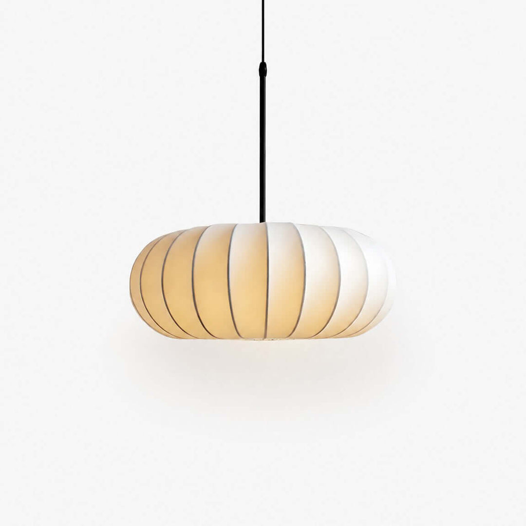Verona white silk pendant light with an oval pumpkin-shaped shade and black hanging cord