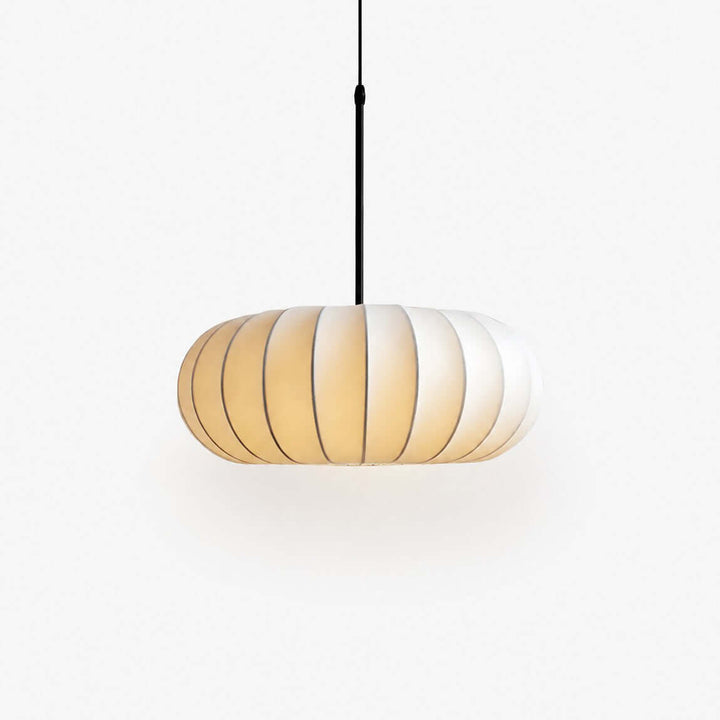 Verona white silk pendant light with an oval pumpkin-shaped shade and black hanging cord