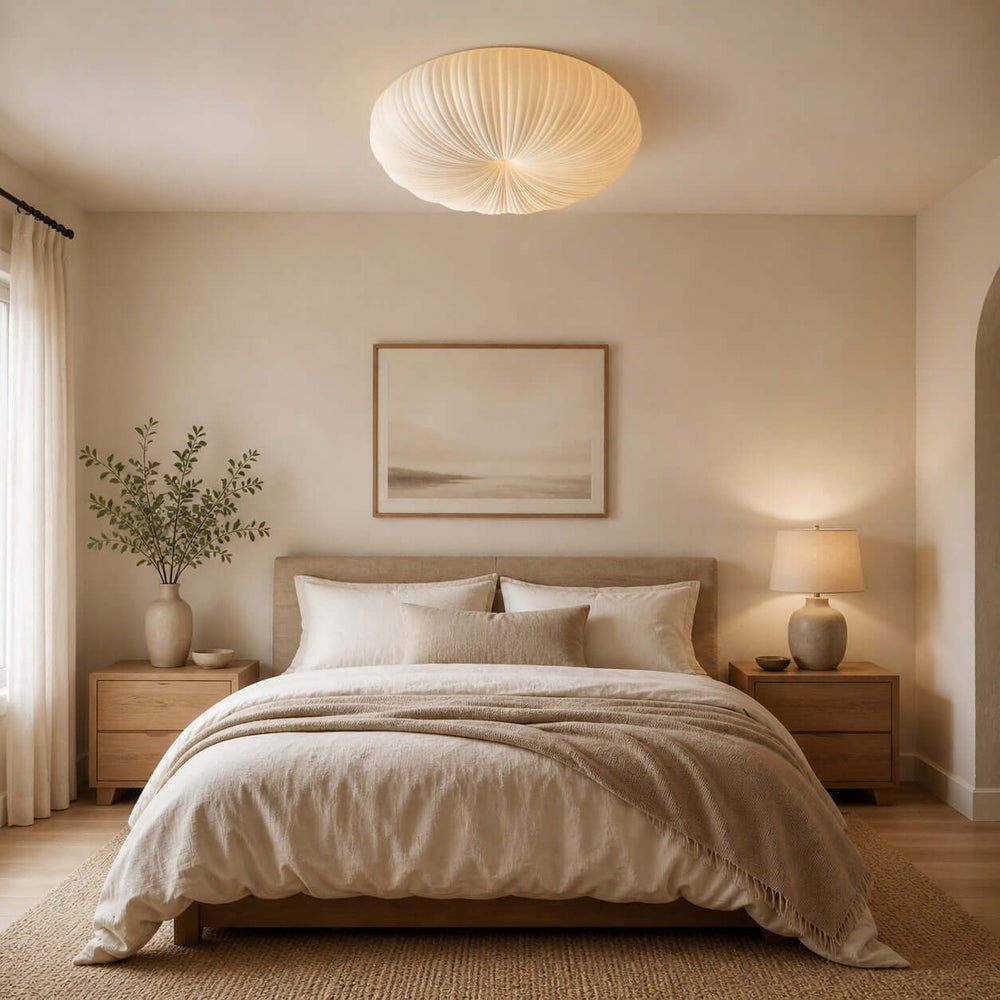 White round ceiling light above a calm bedroom with a bed and bedside lamps.