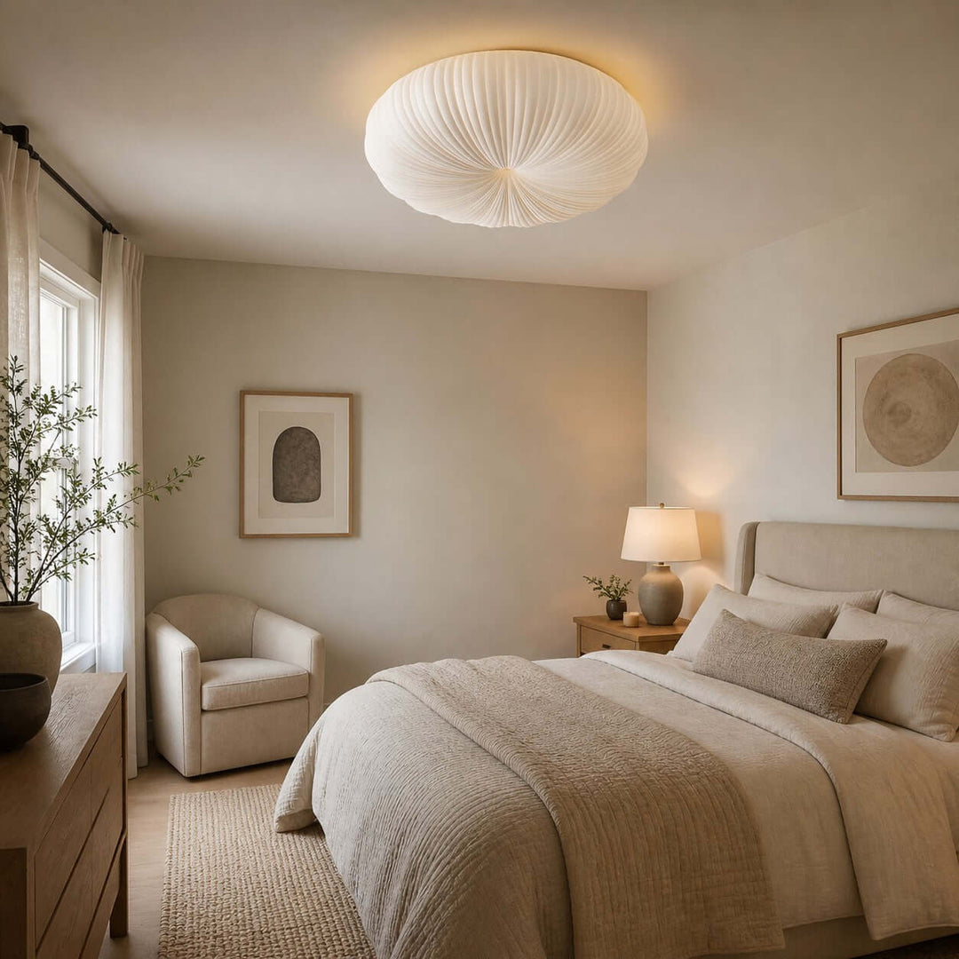 Round white ceiling light above a bedroom corner with soft neutral decor.
