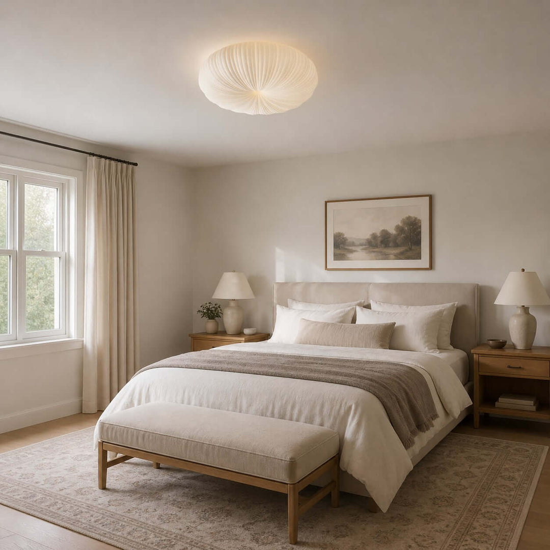 Round white ceiling light above a spacious bedroom with neutral bedding.