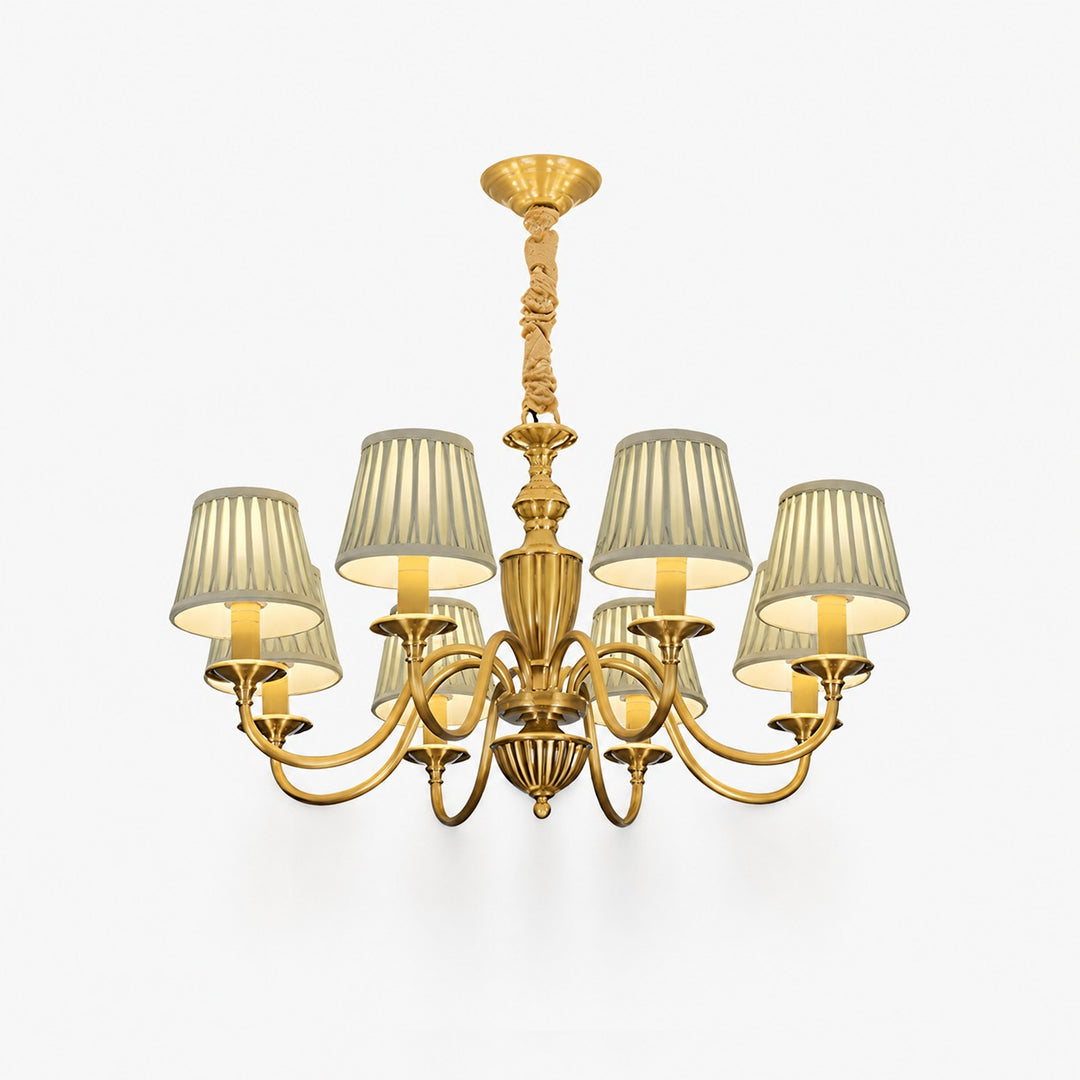 Eryn brass chandelier with pleated fabric shades shown on a white background.