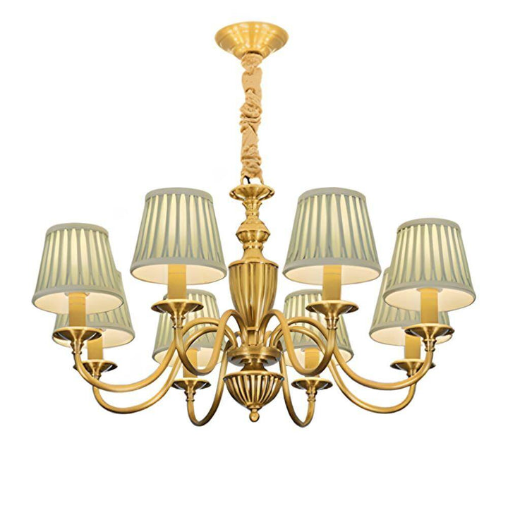 Wide view of the Eryn brass chandelier with pleated fabric shades.